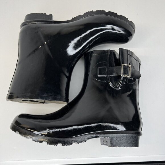 Nomad Dew Waterproof Rain Boots Womens Size 8 Silver Buckle Shiny Solid Black - Picture 6 of 9